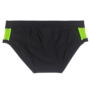 Detailed front view of men's black swim briefs with neon green mesh side panels