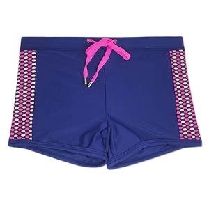 Detail view of quick-dry navy swim trunks with pink drawstring and polka dot side panels