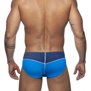 Rear view of mens low-rise swim briefs with blue contrast stitching and elastic fabric