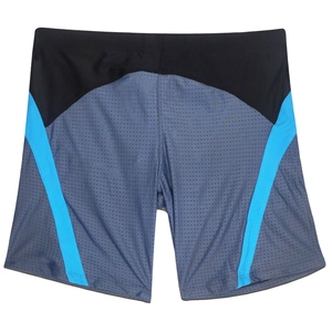 Close-up of breathable grey mesh fabric with contrast stitching on men's swim trunks