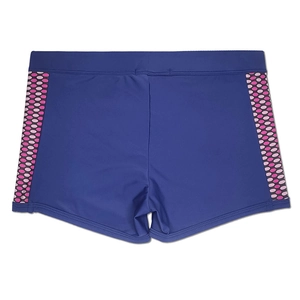 Detail of navy blue swim trunks with pink and purple geometric polka dot side patterns