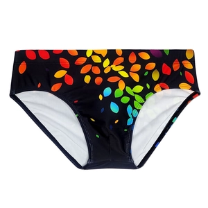Men's low-rise swim briefs featuring a vibrant rainbow leaf print on black quick-dry fabric