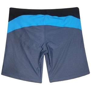 Detail of men's tricolor mesh sports shorts with breathable holes and contrast stitching