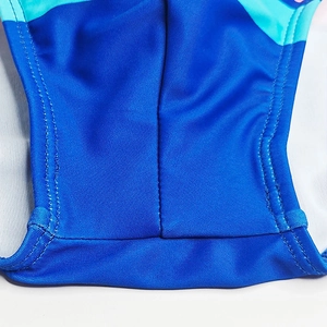 Close-up of blue striped men's swim briefs showing reinforced stitching and elastic fabric