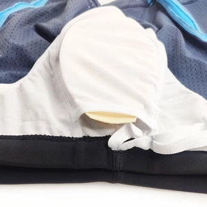Detail view of men swim shorts featuring breathable mesh and removable protective cup pocket