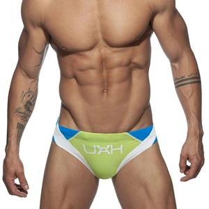 Men's green quick-dry athletic swim briefs with blue color-blocking and white accents