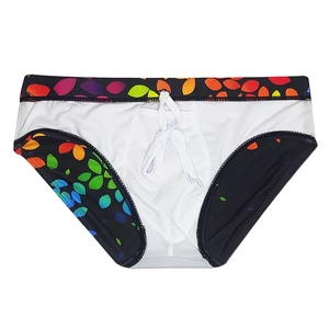 Detail view of men's swim briefs with adjustable drawstring and colorful leaf print trims