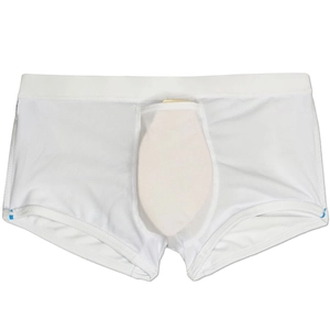 Close-up of white men's athletic swimming trunks featuring a protective cup pocket design