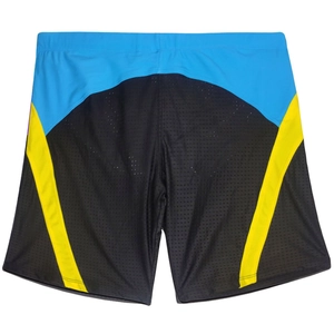 Macro detail of men's quick-dry swimwear featuring blue black yellow mesh and elastic waist