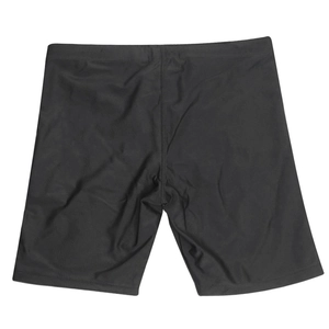 Close-up of black men's swim trunks featuring elastic waistband and quick-dry fabric texture