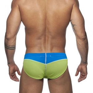 Detailed back view of men's athletic swim briefs with blue and lime green contrast panels