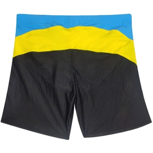Detail view of men's tricolor swim trunks showing breathable mesh fabric and panel design
