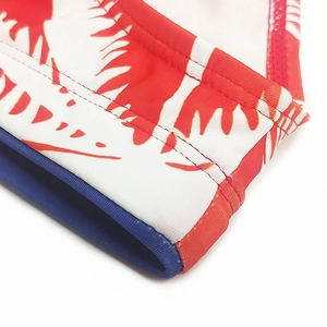 Macro shot of palm tree print swim briefs showing premium stitching and elastic fabric