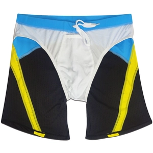 Detail view of men's athletic swimwear with color-block mesh lining and white drawstring cord