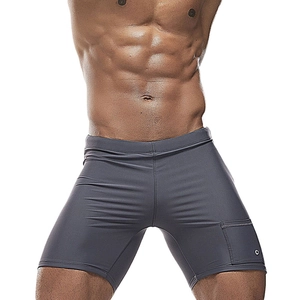 Men's dark gray tight swimming trunks with drawstring waist and side flap pocket