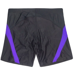 Detail view of black mesh fabric and purple side panels on professional men's swim shorts