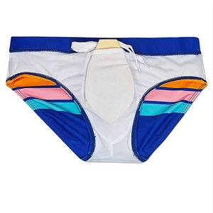 Detail of men's swim briefs with colorful stripes and adjustable white drawstring waist