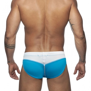 Rear view of men's low-rise swim briefs with blue and white color-block contrast design