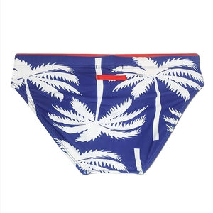 Detail of blue men's swim briefs featuring white palm tree prints and red waist accents