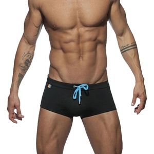 Men's black swim trunks with rainbow tag, elastic quick-dry fabric and blue drawstring