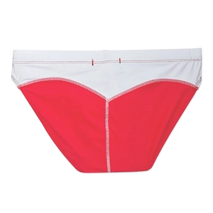 Detail view of red and white low-rise men's swim briefs with contrasting stitching
