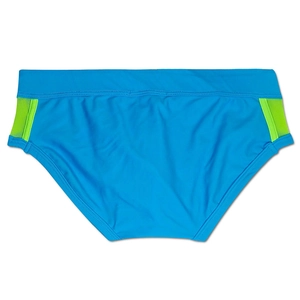 Detail of blue men's swim briefs featuring front zipper and green mesh side panels