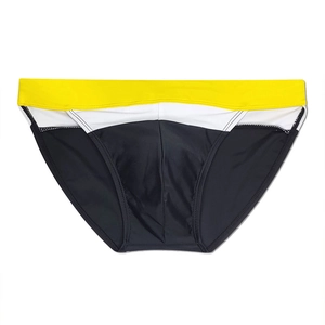Men's high-cut swim briefs featuring yellow, white and black colorblock quick-dry fabric