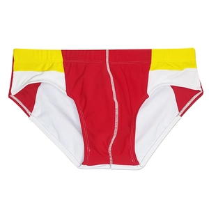 Detail of color-block swim briefs featuring contrast stitching and athletic patchwork