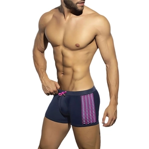 Men's navy blue quick-dry swim trunks with purple honeycomb print and pink drawstring cord