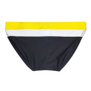 Flat lay view of men's low-cut swim briefs with yellow, white and black color block stitching