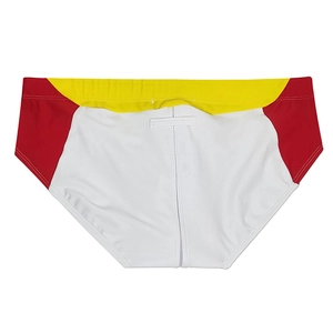 Men's tricolor swim briefs featuring a functional back waterproof zipper pocket detail