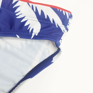 Detailed macro view of men's palm tree print swim trunks with red contrast piping and stitching