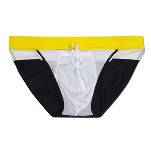 Detail of men's high-cut swim briefs showing tricolor stitching and adjustable drawstring