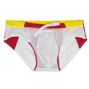 Detail of men's tricolor patchwork swim briefs showing white mesh lining and drawstring