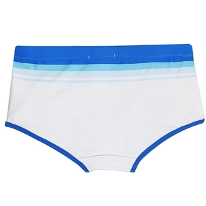 Détail de ce maillot de bain pour hommes avec taille rayée dégradée en bleu et blanc