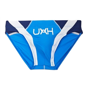 Detail of sky blue men's swim briefs with contrast geometric side stripes and logo