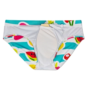 Detail of men's swim briefs with fruit print, mesh lining, and removable inner pad