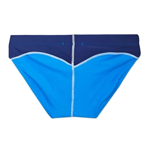 Detail of color-block swim briefs featuring flatlock stitching and blue contrast panels
