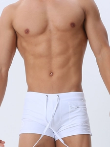 White men's swimming trunks with adjustable drawstring waist and side zipper pocket