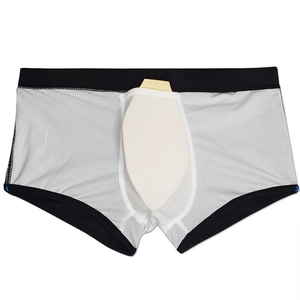Detail of men's swim trunks featuring a breathable mesh pocket and a removable protective cup