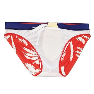 Detail of men's tropical palm print swim briefs with inner mesh lining and padded cup
