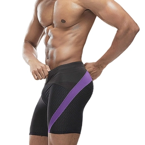Men's mesh swim trunks in black with purple side stripes and breathable athletic fit
