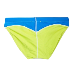 Detail of men's blue and yellow color block swim briefs with white contrast stitching