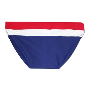 Detail of red white and blue color block men's swim briefs with elastic waistband