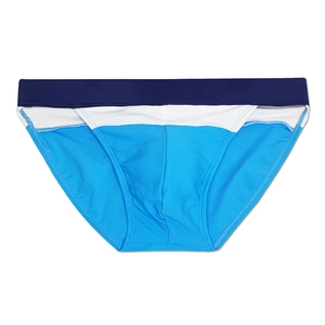 Detail of men's quick-dry swim briefs showing tri-color panel stitching and fabric texture