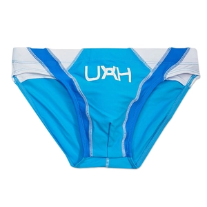 Detail of men's quick-dry swim briefs with tricolor patchwork and contrast stitching
