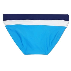 Detail showing the tri-color patchwork of navy, white, and light blue on swim briefs