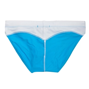 Detail view of men's blue and white low-rise swim briefs with high-stretch fabric