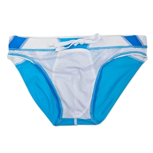 Detail of blue and white colorblock men's swim briefs with waist drawstring and stitching