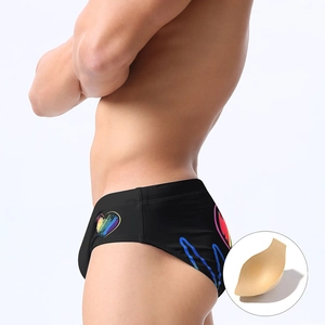 Sexy Herren Badehose Schwarz mit Regenbogen Herz Muster und herausnehmbarem Formeinsatz